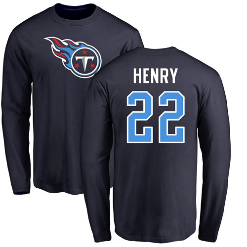 Tennessee Titans Men Navy Blue Derrick Henry Name and Number Logo NFL Football #22 Long Sleeve T Shirt